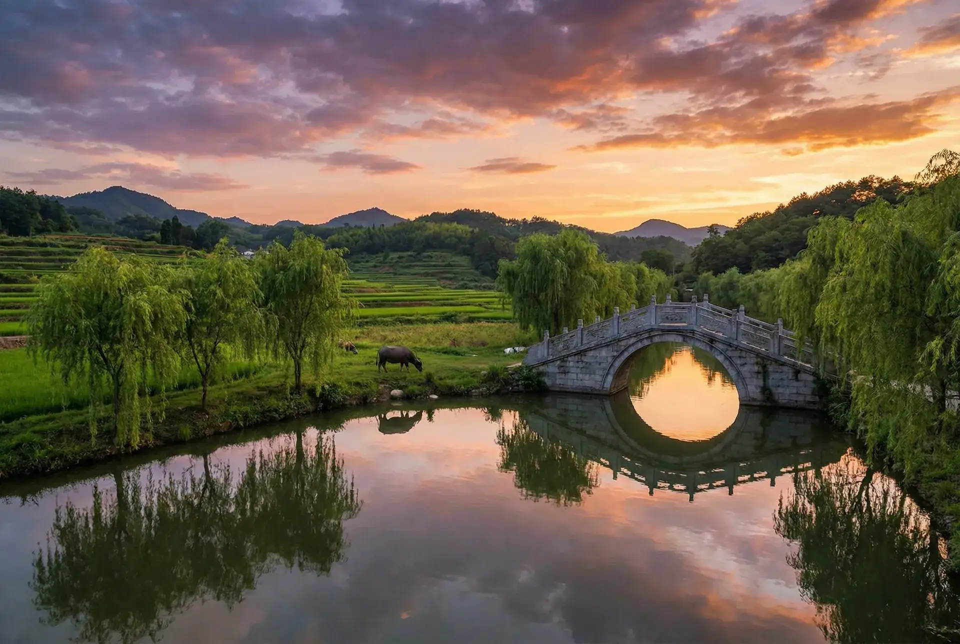 夕阳下的石拱桥与垂柳，水牛在河边吃草 - 天生爱情狂国语 乡村美景