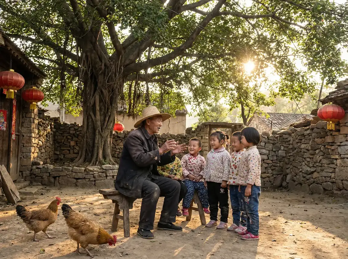 老人在大榕树下给孩子们讲故事 - 天生爱情狂国语 乡村记忆